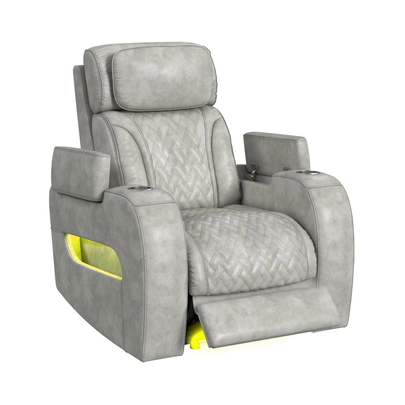 Prime Time P3 Recliner with 7 Colors LED, Cup Holders and Wireless Charger Controller in Leather Gel Light Grey
