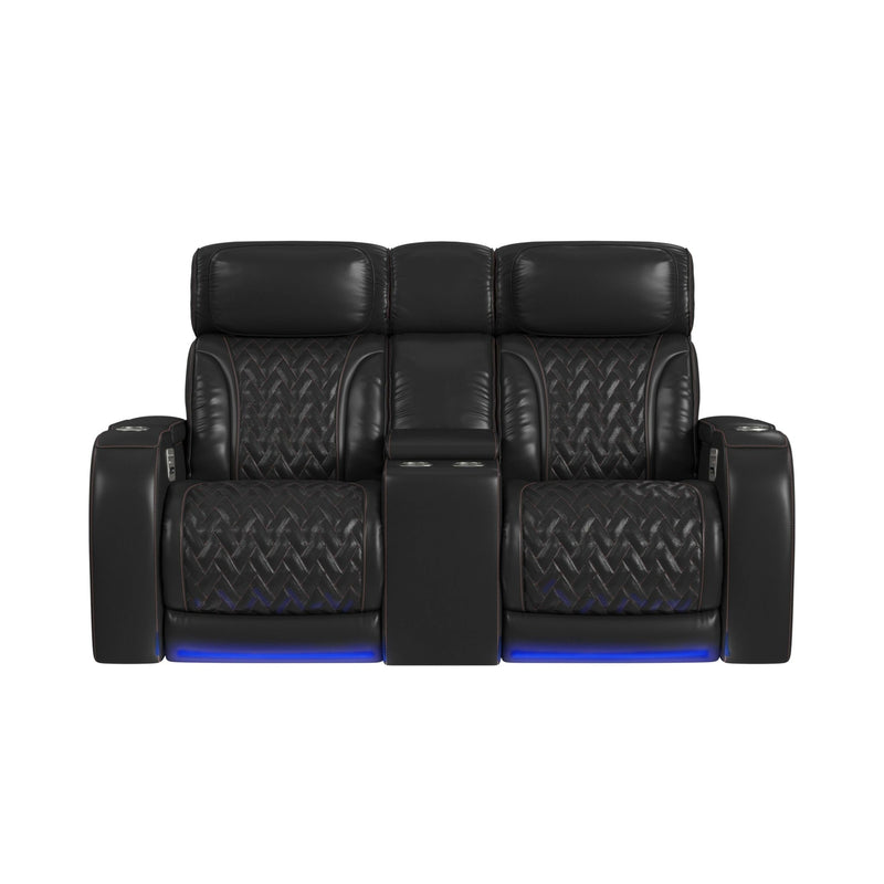 Prime Time P3 Loveseat with LED, wireless charger pocket, and Console in Jett Black with Red Stitching