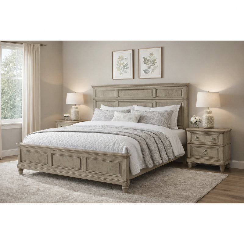 Whit-Ash Bedroom Set with 2 Nightstands in Light Grey