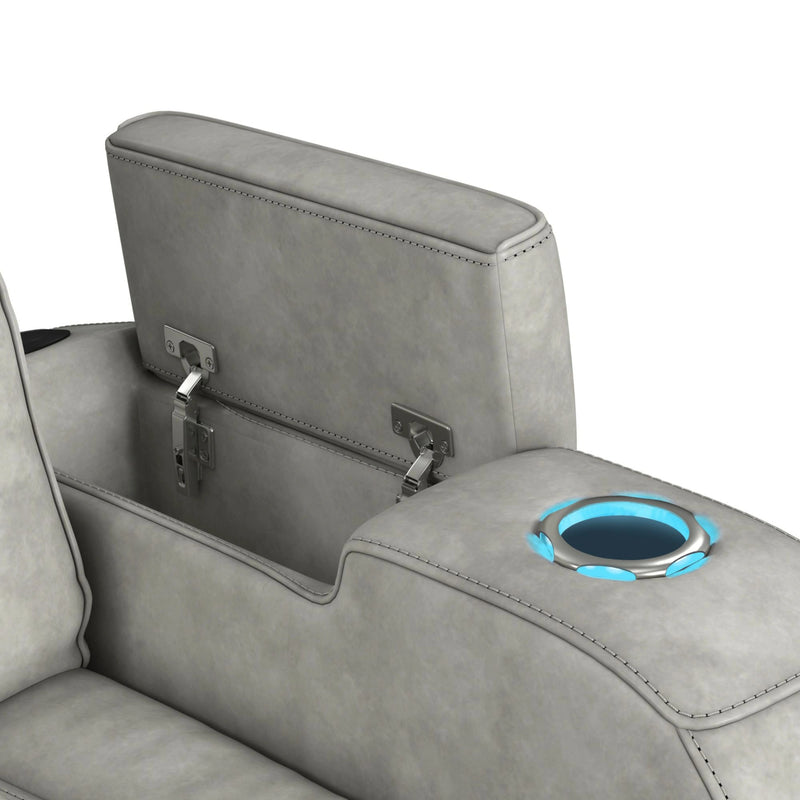 Prime Time P3 Sofa with DDT, 3.0 Table, 7 Colors (LED and Cup Holders), Reading Light, Vibration, speaker, and Heat Massage in Leather Gel Light Grey