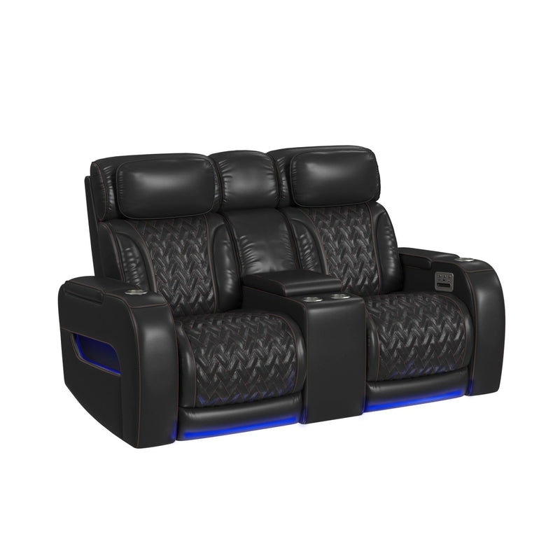 Prime Time P3 Loveseat with LED, wireless charger pocket, and Console in Jett Black with Red Stitching