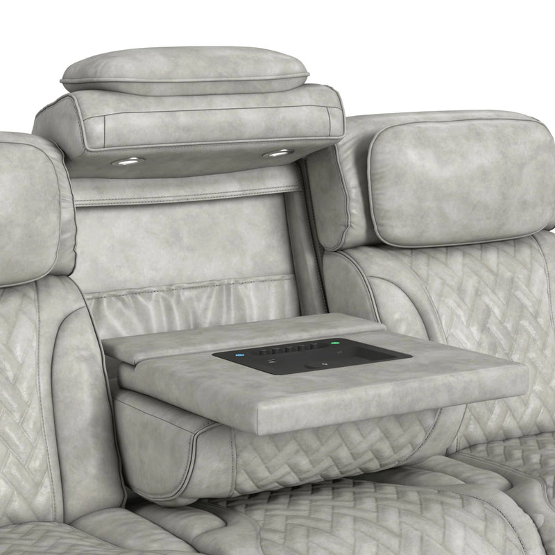 Prime Time P3 Sofa with DDT, 3.0 Table, 7 Colors (LED and Cup Holders), Reading Light, Vibration, speaker, and Heat Massage in Leather Gel Light Grey