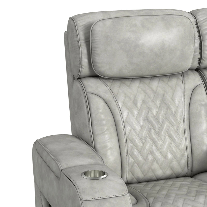 Prime Time P3 Loveseat with Console, 7 Colors LED, Cup Holders and Wireless Charger Controller in Leather Gel Light Grey