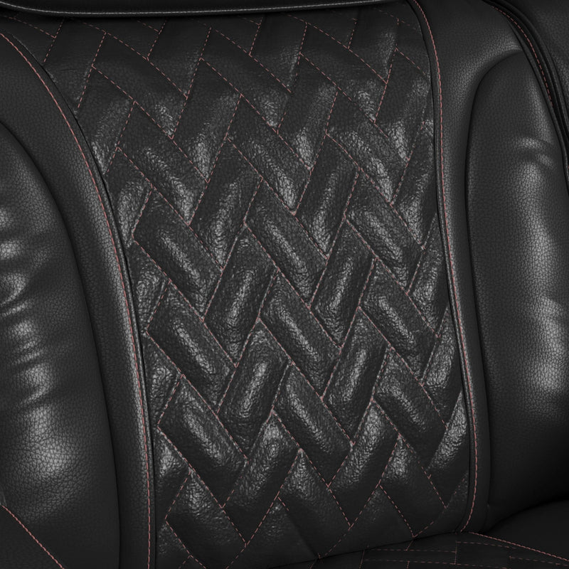 Prime Time P3 Loveseat with LED, wireless charger pocket, and Console in Jett Black with Red Stitching