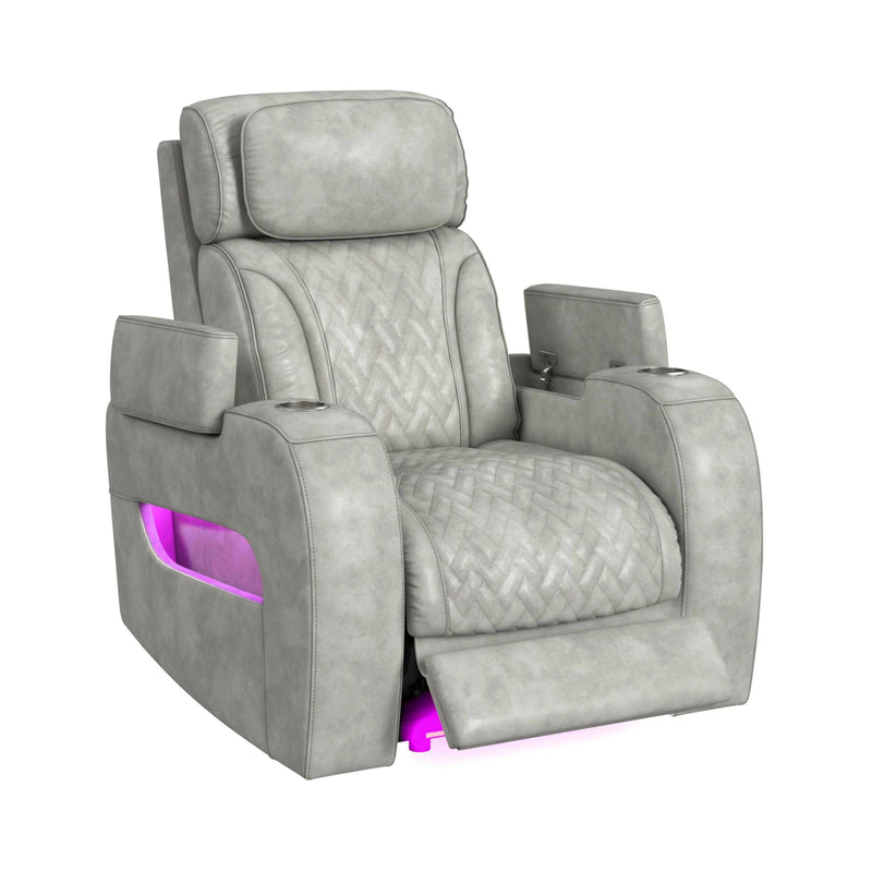 Prime Time P3 Recliner with 7 Colors LED, Cup Holders and Wireless Charger Controller in Leather Gel Light Grey