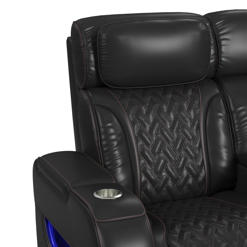 Prime Time P3 Loveseat with LED, wireless charger pocket, and Console in Jett Black with Red Stitching