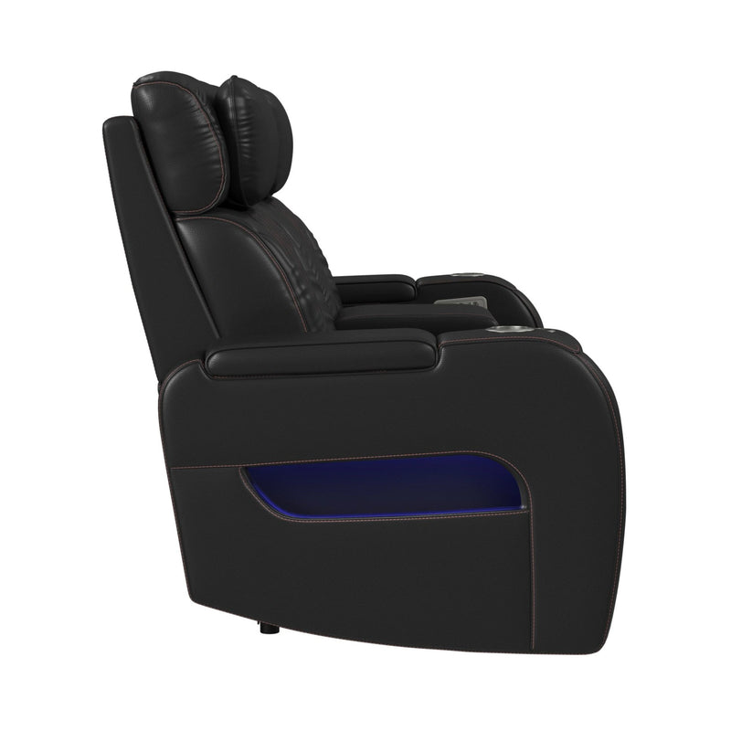 Prime Time P3 Loveseat with LED, wireless charger pocket, and Console in Jett Black with Red Stitching
