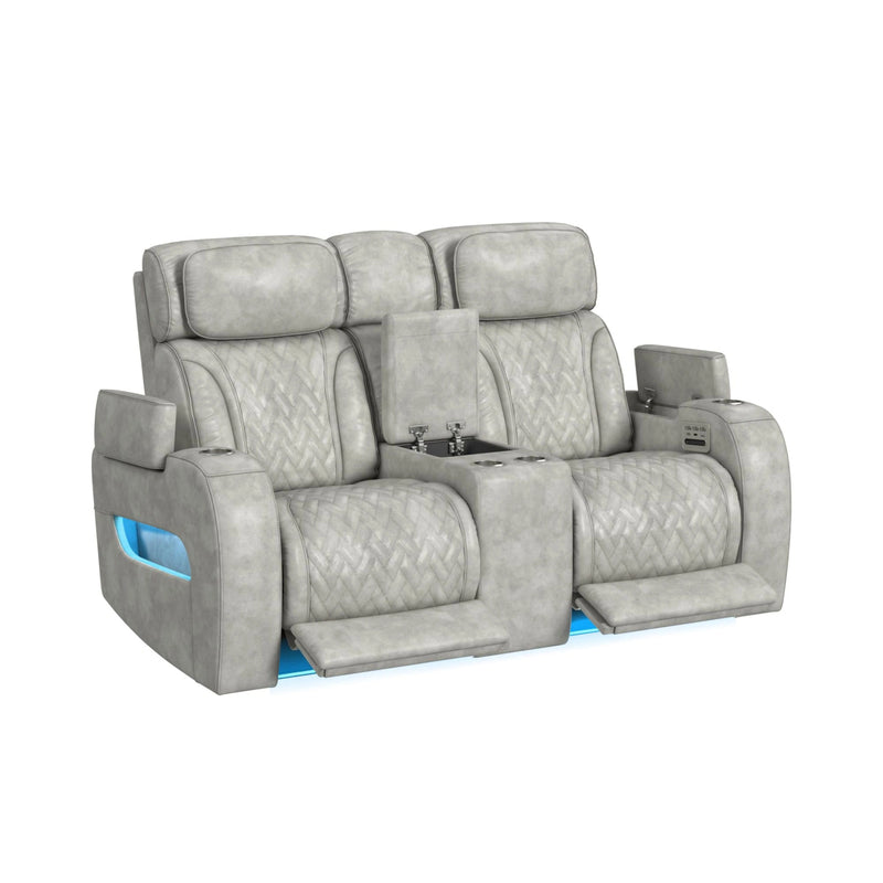 Prime Time P3 Loveseat with Console, 7 Colors LED, Cup Holders and Wireless Charger Controller in Leather Gel Light Grey