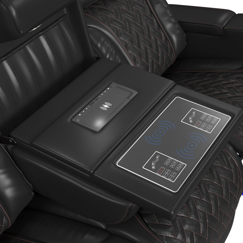 Prime Time P3 Sofa with I Table, reading light, heat, massage, LED, and speaker in Jett Black with Red Stitching