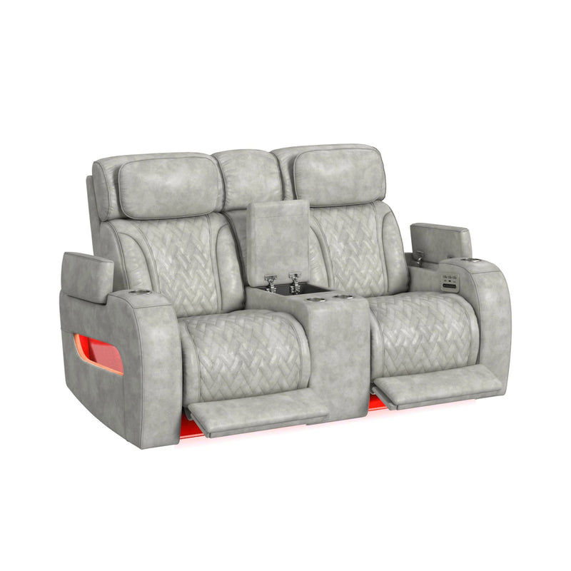 Prime Time P3 Loveseat with Console, 7 Colors LED, Cup Holders and Wireless Charger Controller in Leather Gel Light Grey