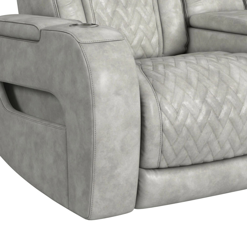 Prime Time P3 Loveseat with Console, 7 Colors LED, Cup Holders and Wireless Charger Controller in Leather Gel Light Grey