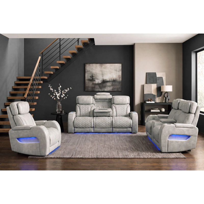 Prime Time P3 Sofa with DDT, 3.0 Table, 7 Colors (LED and Cup Holders), Reading Light, Vibration, speaker, and Heat Massage in Leather Gel Light Grey