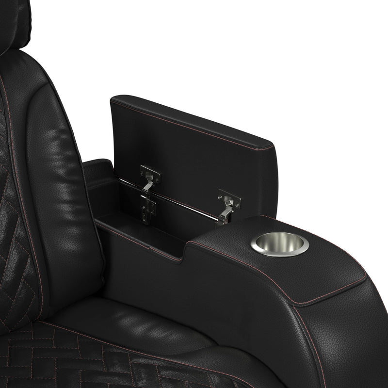 Prime Time P3 Sofa with I Table, reading light, heat, massage, LED, and speaker in Jett Black with Red Stitching