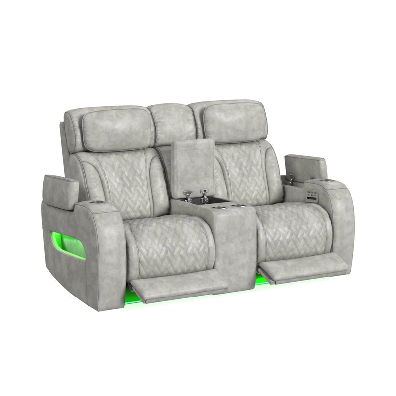Prime Time P3 3PC Living Room Set with 7 Colors LED in Leather Gel Light Grey-Sofa, Loveseat & Recliner