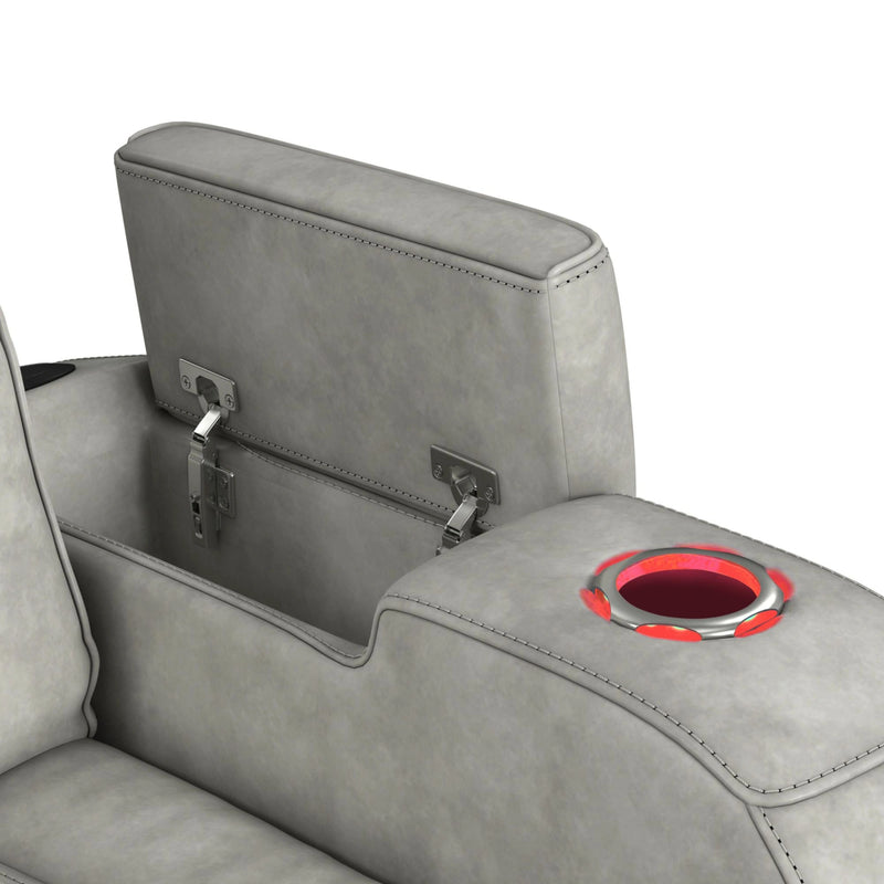 Prime Time P3 Sofa with DDT, 3.0 Table, 7 Colors (LED and Cup Holders), Reading Light, Vibration, speaker, and Heat Massage in Leather Gel Light Grey