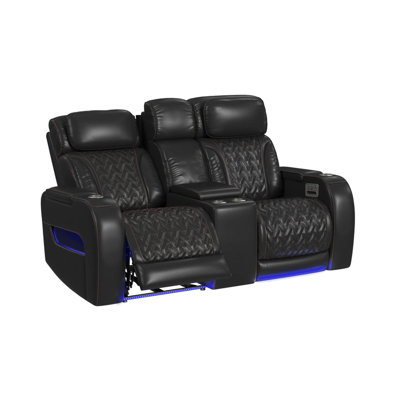 Prime Time P3 Loveseat with LED, wireless charger pocket, and Console in Jett Black with Red Stitching