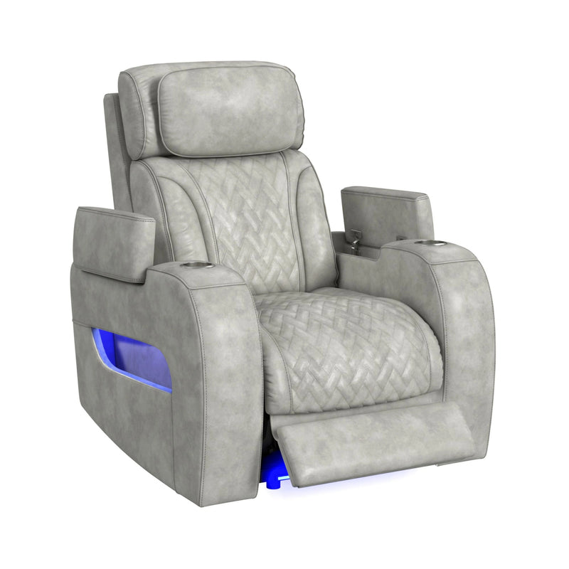 Prime Time P3 Recliner with 7 Colors LED, Cup Holders and Wireless Charger Controller in Leather Gel Light Grey