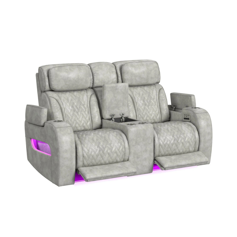 Prime Time P3 Loveseat with Console, 7 Colors LED, Cup Holders and Wireless Charger Controller in Leather Gel Light Grey