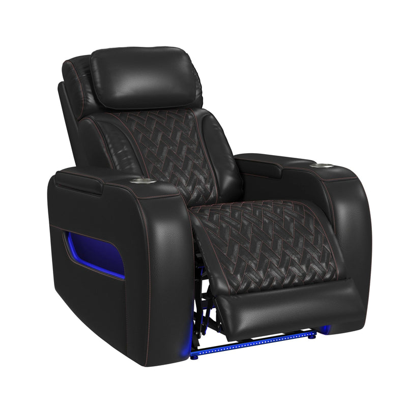 Prime Time P3 Recliner with LED and wireless charger pocket in Jett Black with Red Stitching