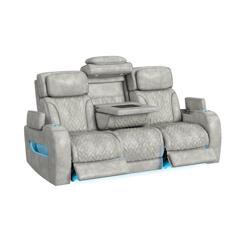 Prime Time P3 Sofa with DDT, 3.0 Table, 7 Colors (LED and Cup Holders), Reading Light, Vibration, speaker, and Heat Massage in Leather Gel Light Grey