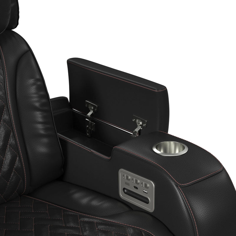 Prime Time P3 Loveseat with LED, wireless charger pocket, and Console in Jett Black with Red Stitching