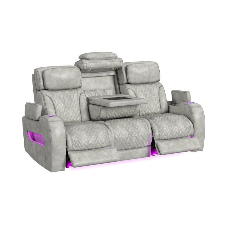 Prime Time P3 Sofa with DDT, 3.0 Table, 7 Colors (LED and Cup Holders), Reading Light, Vibration, speaker, and Heat Massage in Leather Gel Light Grey
